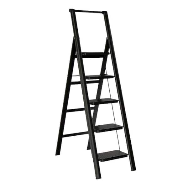 5 Step Ladder Folding Footstool, 5 Step Ladder with Non-Slip Wide Steps, Easy Carry Handle Folding Ladder,Reach,Aluminum