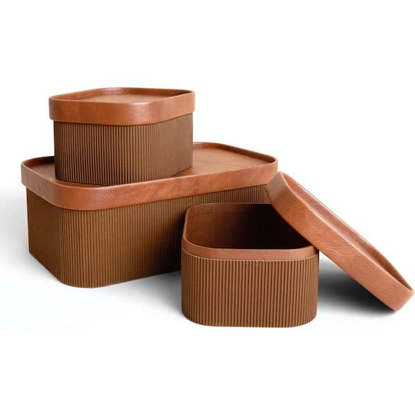 Unbranded Brown 12.5 in. x 4.7 in. Paper Decorative Boxes Set of 3 with Leather-Like Lids