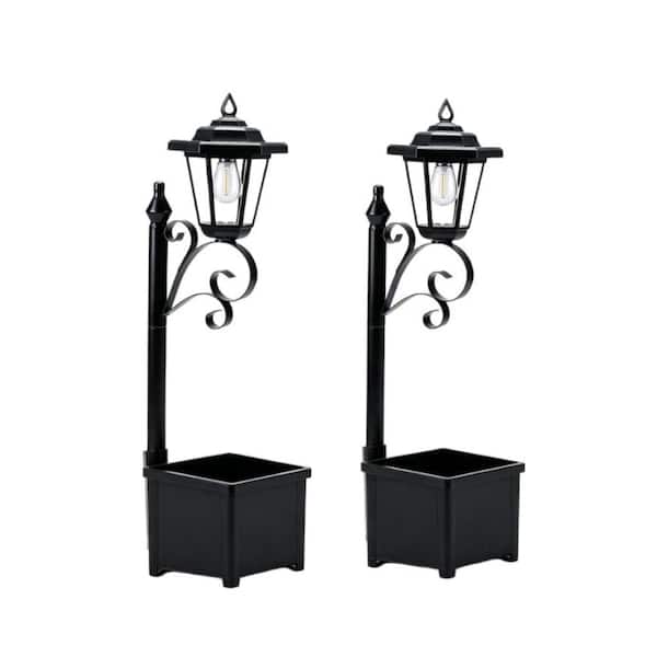Set of 2 Solar Floor Lamps with Planter, 29.5" IP44 Waterproof Auto On LED Lights for Outdoor Yard Porch Decor