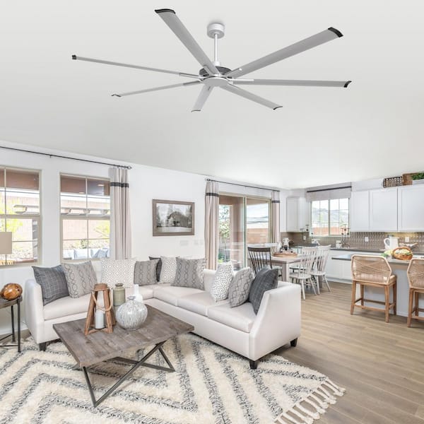 8.4 ft. Indoor/Outdoor Industrial Nickel 7-Blade Downrod Mount Ceiling Fan with Remote Control and Reversible DC Motor