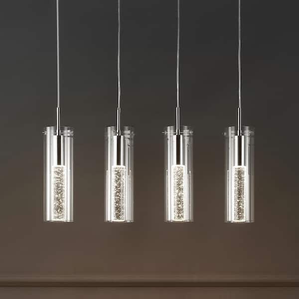 JONATHAN Y Mium 29.5 in. 4-Light Modern Style Iron/Crystal/Glass Integrated LED Linear Pendant Light, Chrome