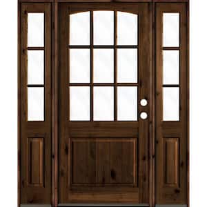 60 in. x 96 in. Knotty Alder Left-Hand/Inswing 9-Lite Clear Glass Red Mahogany Stain Wood Prehung Front Door/Sidelites