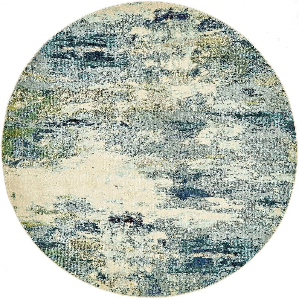 Theia Light Blue Abstract 8' Round Synthetic Area Rug