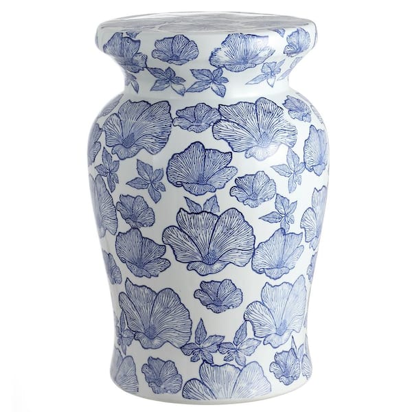 Poppies 17.7 in. White/Blue Ceramic Garden Stool