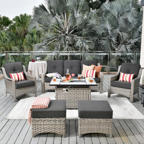HOOOWOOO Verona Grey 6-Piece Wicker Outdoor Patio Conversation Sofa Seating Set with a Rectangle Fire Pit and Black Cushions