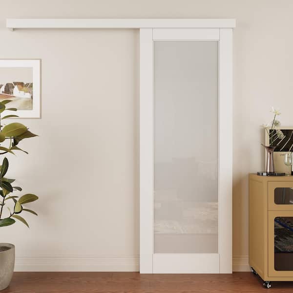 30 in. x 80 in. 1 Lite Tempered Frosted Glass White Primed MDF Hidden Track Style Sliding Barn Door with Hardware Kit