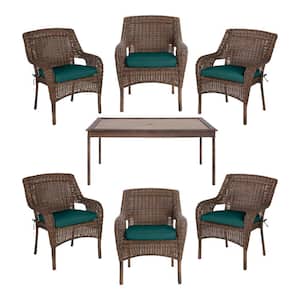Cambridge 7-Piece Brown Wicker Outdoor Patio Dining Set with CushionGuard Malachite Green Cushions