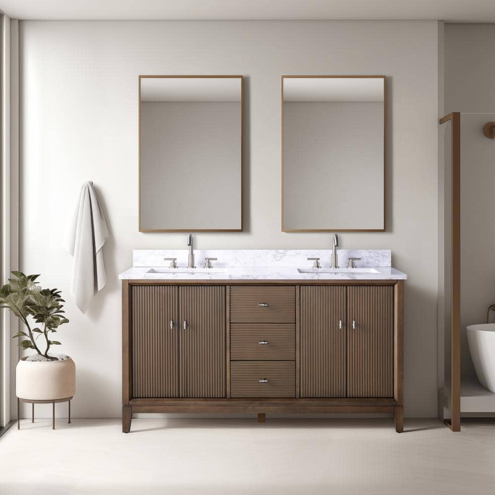 Walnut Freestanding Double Sink Vanity with Engineered Marble Top