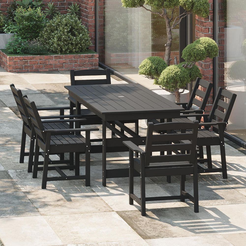 Black 7-Piece HDPE Plastic Rectangular Outdoor Dining Set with Armrests-Lightweight & Easy-Clean Patio Furniture price history on PriceWatchPro