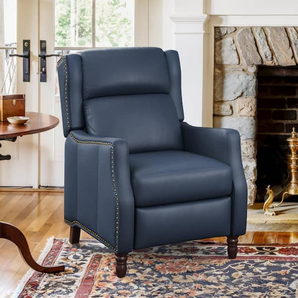 Lange 28in. W Navy Genuine Leather Nailhead Trim Recliner Armchair with Cushioned Back and Wooden Legs