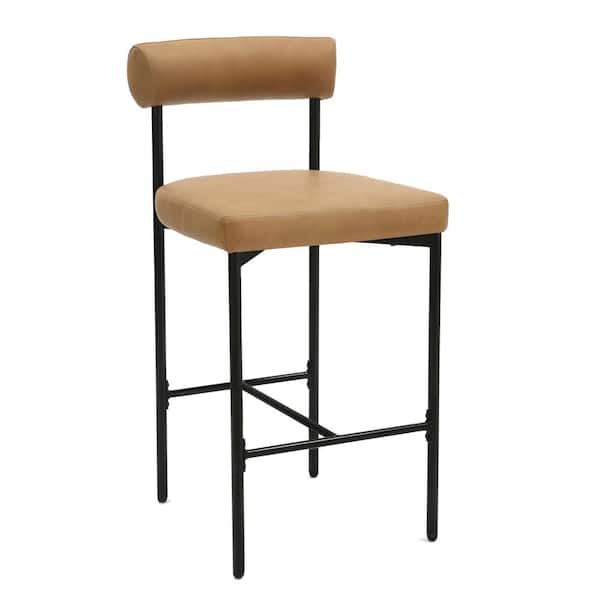 Dahlia 26 in. Counter Heigh Barstool Chair with Back, Black Mid-Century Metal Legs and Brown Leather Cushions, Set of 4
