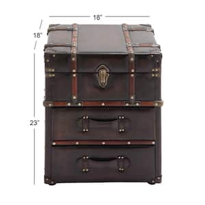 18 in. W Dark Brown Faux Leather Vintage Faux Leather 2 Drawer Cabinet with Buckle Hinged Top