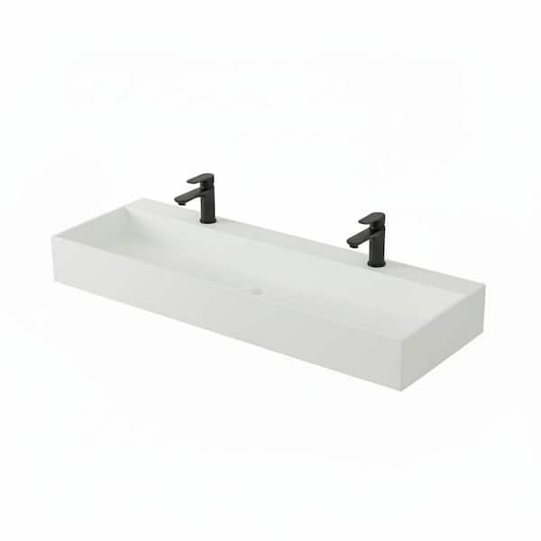 48 in. x 18 in. Matte White Wall-Mount Rectangular Solid Surface Bathroom Sink with Pop-up Drain and Faucet Hole