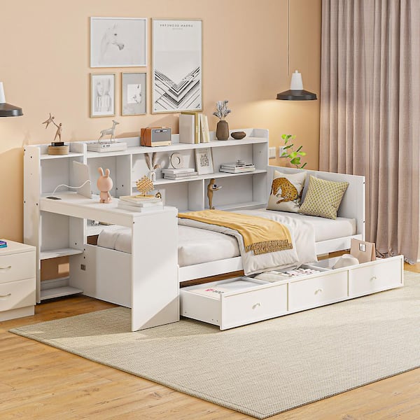Harper & Bright Designs White Twin Size Daybed with Built-in Desk, USB Ports, Storage Shelves and Drawers