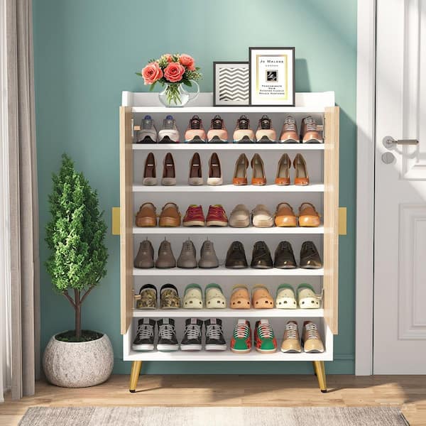 Lauren 43.3 in. H x 29.6 in. W Brown Wood Shoe Storage Cabinet with Adjustable Shelves, Doors Home Entryway Living Room