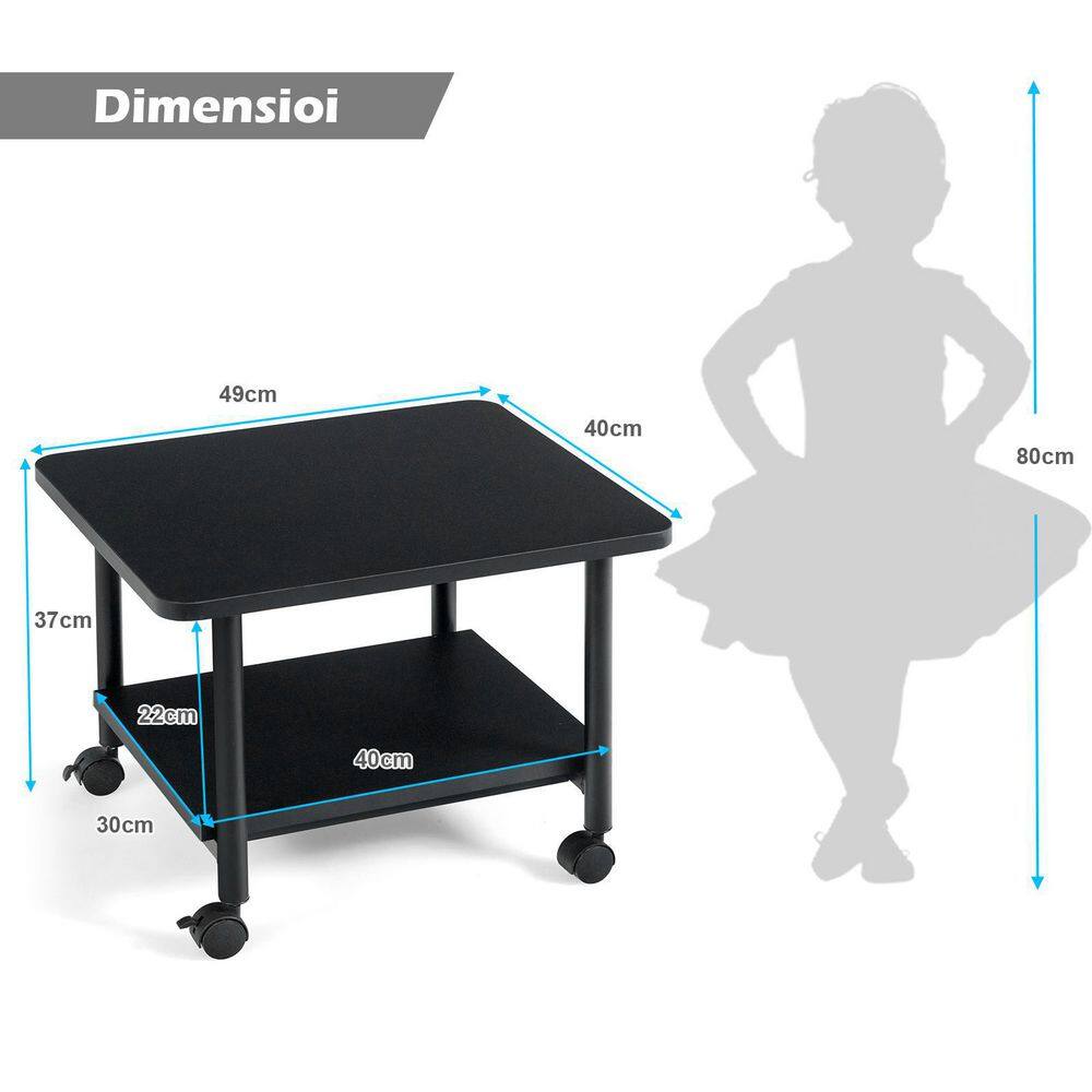Black 2-Tier Rolling Under Desk Printer Cart with Storage Shelves