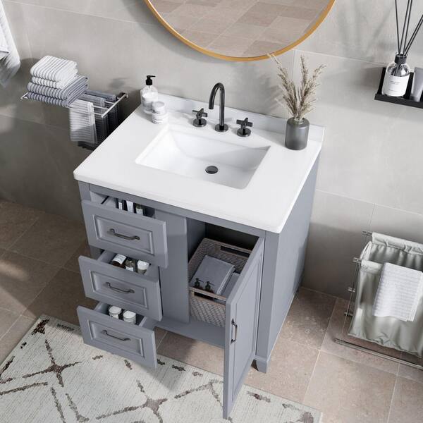 Hanover Ambridge 36-In. Bathroom Vanity Set includes Sink, Countertop, and  Pre-Assembled Cabinet w/ 1 Door, 3 Drawers, Mirror, Gray - Hanover Home