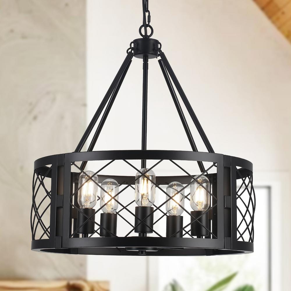 5-Light 20 in. W Matte Black Drum Vintage Farmhouse Chandelier for Dining Room Bedroom Foyer, No Bulbs Included price history on PriceWatchPro