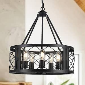 5-Light 20 in. W Matte Black Drum Vintage Farmhouse Chandelier for Dining Room Bedroom Foyer, No Bulbs Included