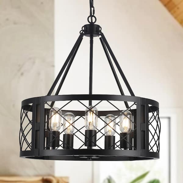 LWYTJO 5-Light 20 in. W Matte Black Drum Vintage Farmhouse Chandelier for Dining Room Bedroom Foyer, No Bulbs Included