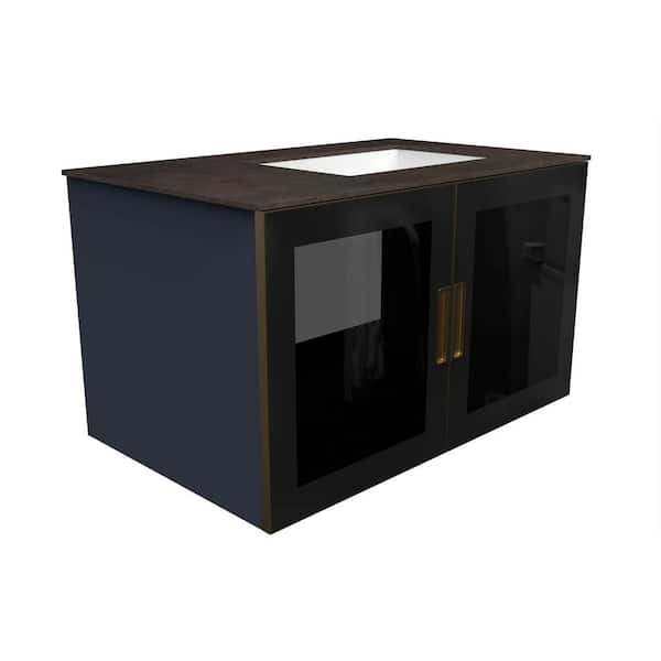 castellousa Solaria 36 in. W x 22 in. D x 21.5 in. H Single Right Floating Bath Vanity in Blue with Rustic Black Porcelain Top
