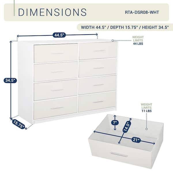 Techni Home White 8 Drawer 44.5 in. Wide Dresser RTA-DSR08-WHT