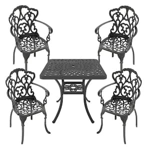 5-Piece Black Cast Aluminum Outdoor Dining Set, Patio Furniture with 30.71 in. Square Table and Random Color Cushions