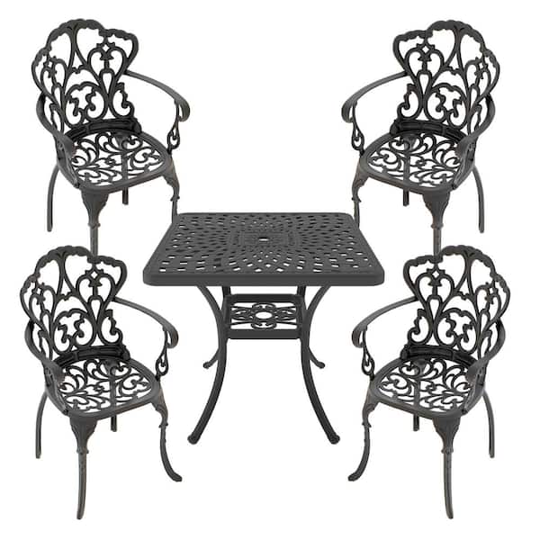 ToolCat 5-Piece Black Cast Aluminum Outdoor Dining Set, Patio Furniture with 30.71 in. Square Table and Random Color Cushions