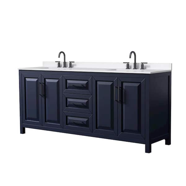 Wyndham Collection Daria 80 in. W. x 22 in. D x 35.75 in. H Double Bath Vanity in Dark Blue with White Quartz Top