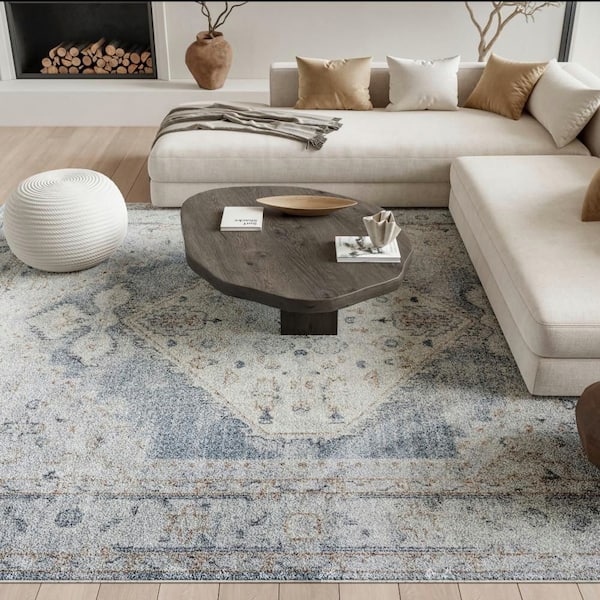 Astra Machine Washable Light Blue 8 ft. x 10 ft. Distressed Traditional Area Rug