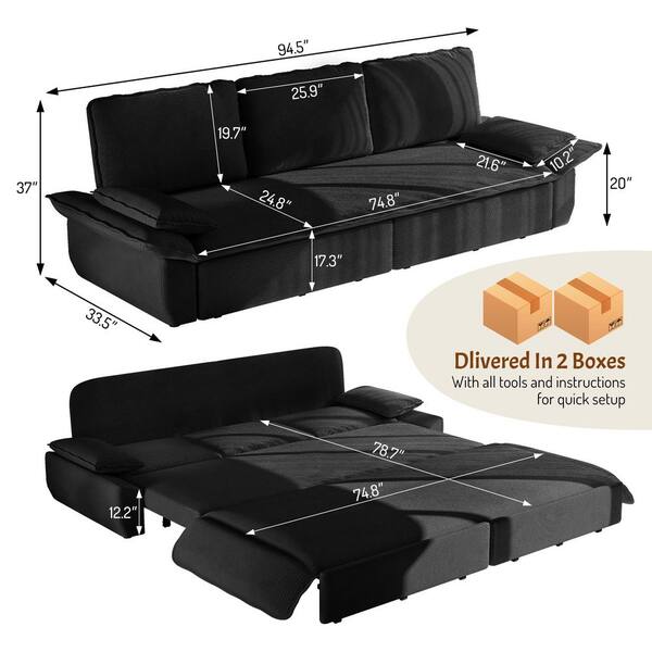 Harper & Bright Designs 94.5 in. W 3-in-1 Convertible Black Soft