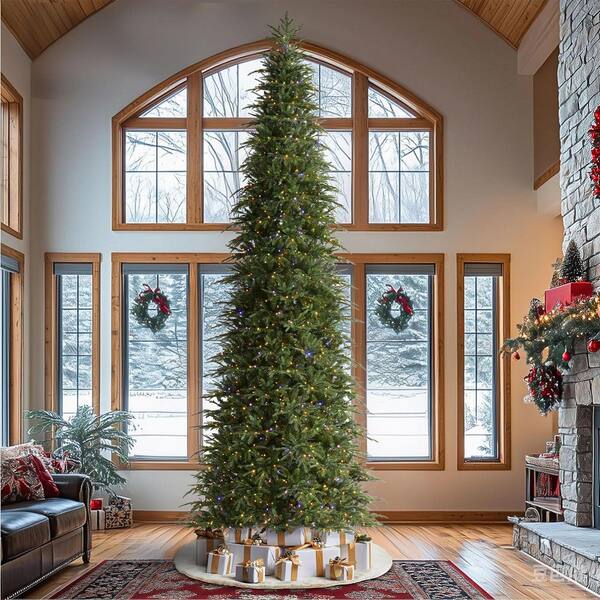 Glitzhome 15 ft. Pre-Lit Green Slim Fir Artificial Christmas Tree