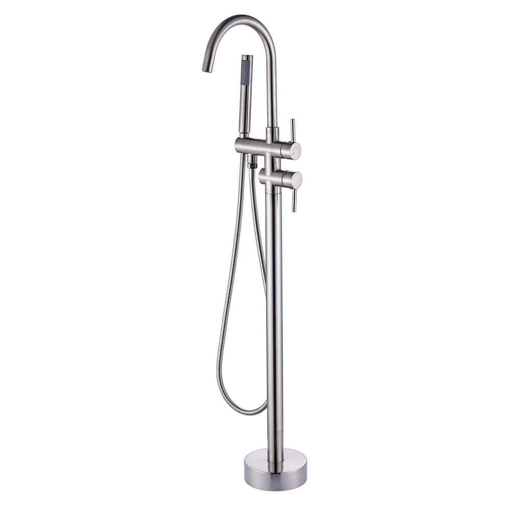 2-Handle Freestanding Floor Mount Tub Faucet Bathtub Filler with Hand Showe