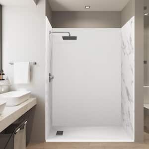 60 in. L x 32 in. W x 84 in. H Alcove Solid Composite Stone Shower Kit Flutes/Carrara Walls & L/R White with Shower Pan