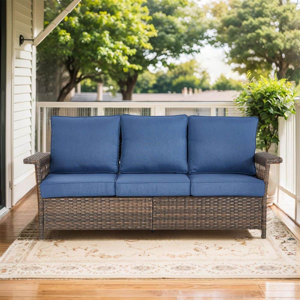 SeagullWing 3-Seat Brown PE Wicker Outdoor Couch with Olefin Blue Cushions and Wide Armrest price history on PriceWatchPro