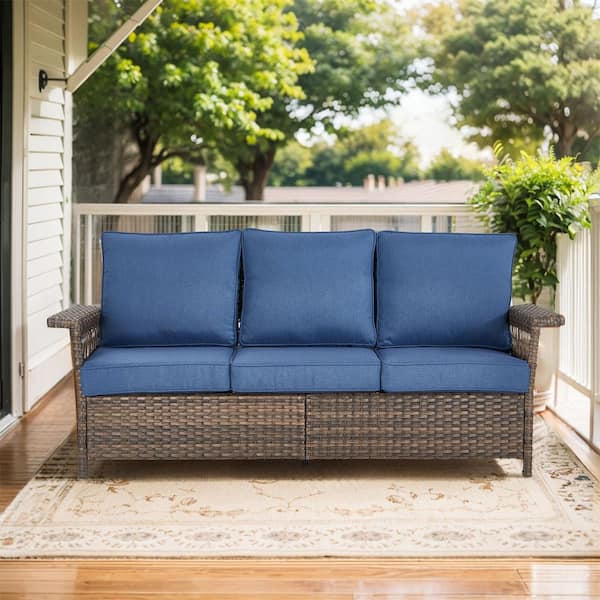 Modern 3-Seat Brown PE Wicker Outdoor Couch with Olefin Blue Cushions and Seagull Armrest