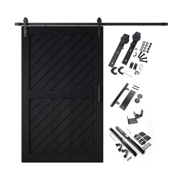 HOMACER XT1 48 in. x 80 in. C-Panel Black Slanted Stripe Design Solid Pine Wood Sliding Barn Door with Hardware Kit