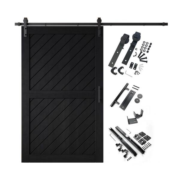 HOMACER XT1 50 in. x 80 in. C-Panel Black Slanted Stripe Design Solid Pine Wood Sliding Barn Door with Hardware Kit