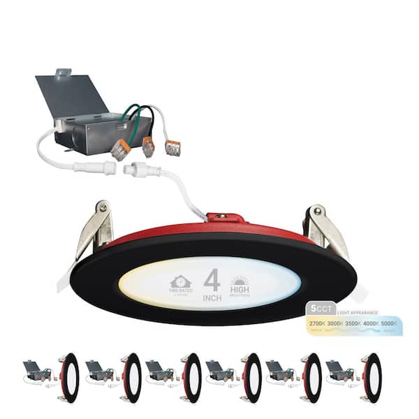 NuWatt 4 in. 5CCT Black FIRE RATED New Construction IC Rated Dimmable Slim Canless Integrated LED Recessed Light Kit 6 Pack