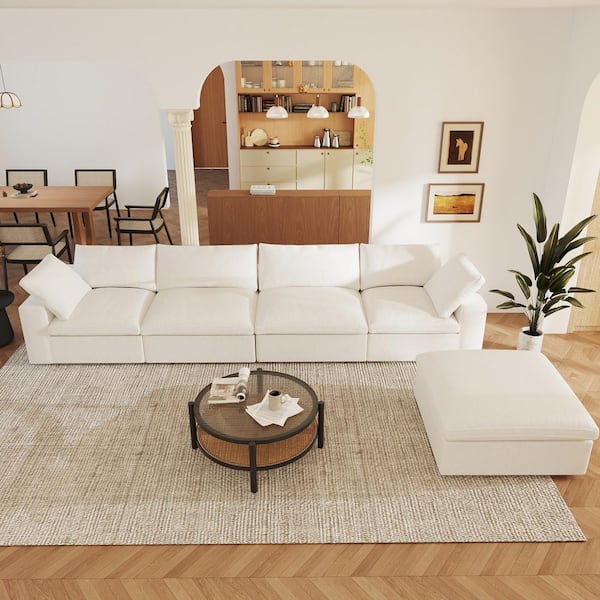 Down Filled 157 in. Square Arm 4-Seater Linen Cloud Modular Tuxedo Sofa with Chaise Ottoman, Washable Covers in White