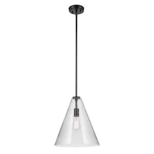 Everly 14.25 in. 1-Light Black Modern Shaded Cone Kitchen Hanging Pendant Light with Clear Seeded Glass