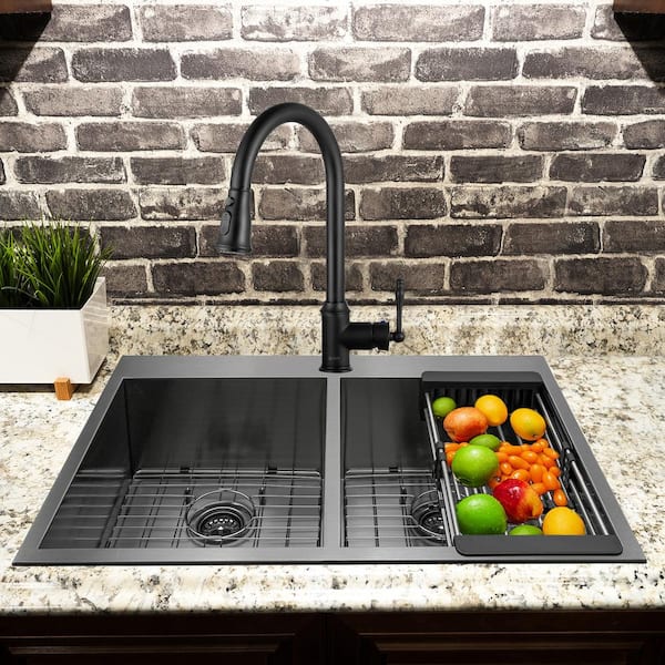 All-in-One Gunmetal Matte Black Finish Stainless Steel 33 in. Double Bowl Drop-In Kitchen Sink with Pull-down Faucet