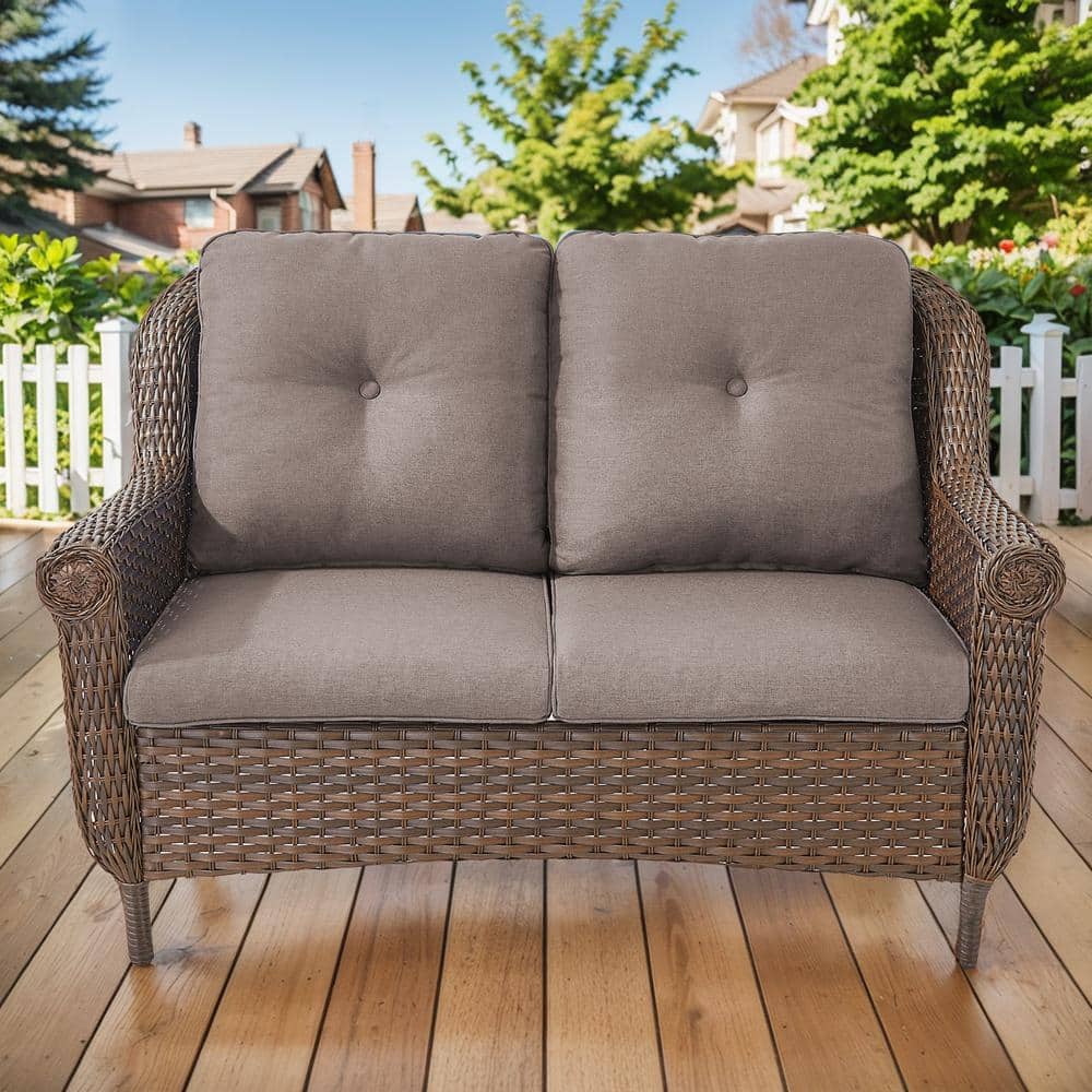 Chrysanthemum Armrest Series 2-Seat Brown Wicker Outdoor Patio Double Seat Sofa Couch with Gray Cushions price history on PriceWatchPro