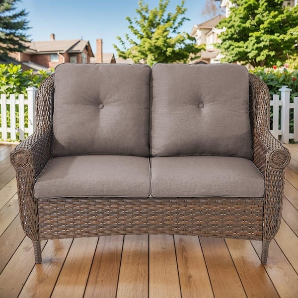 Pocassy Chrysanthemum Armrest Series 2-Seat Brown Wicker Outdoor Patio Double Seat Sofa Couch with Gray Cushions