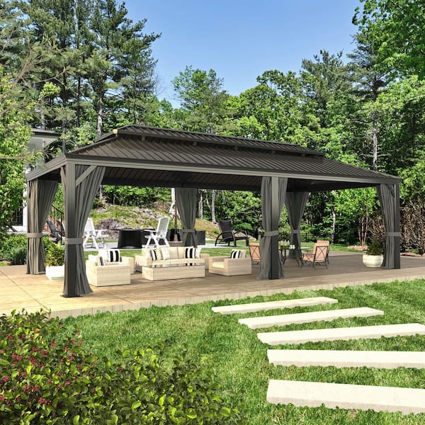 24 ft. W x 14 ft. D Aluminum Double Hardtop Gazebo with Curtains and Textilene Netting