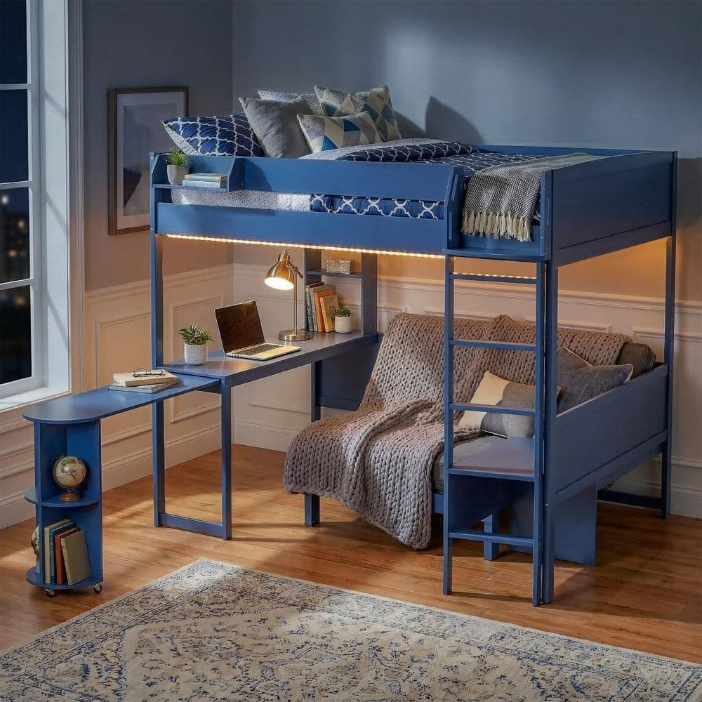 ネイビー ロフトベッド ロータイプ Harper & Bright Designs Navy Blue Full Size Wood Loft Bed with