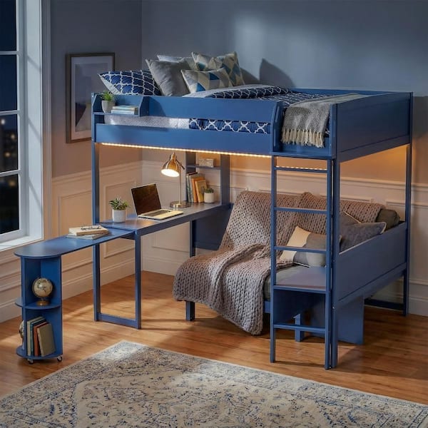 Harper & Bright Designs Navy Blue Full Size Wood Loft Bed with 