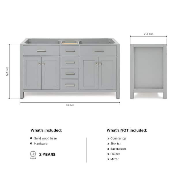 Bristol 60 in. W x 21.5 in. D x 34.5 in. H Double Freestanding Bath Vanity Cabinet without Top in Gray