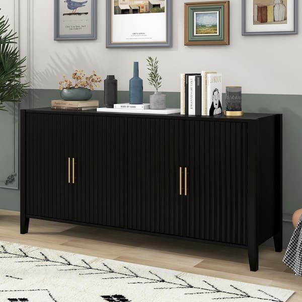 Black 63.1 in. W. Wood Buffet Sideboard, Accent Storage Cabinet with Golden Metal Handles