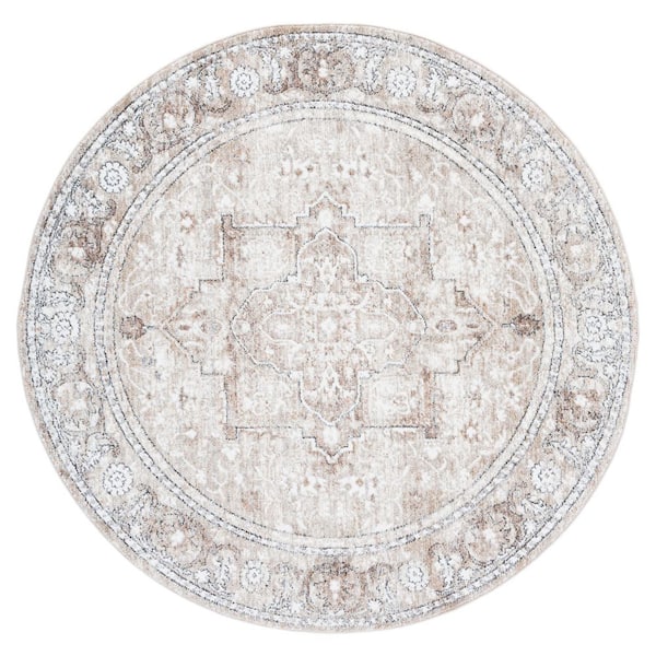 Jasmine 5 ft. x 5 ft. Ivory/Beige Distressed Ornate Round Area Rug